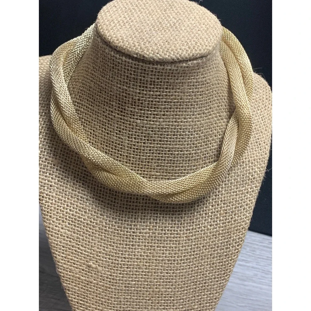 Gold Tone Mesh Twisted Multi Strand Statement Necklace 15 Inch Adjustable